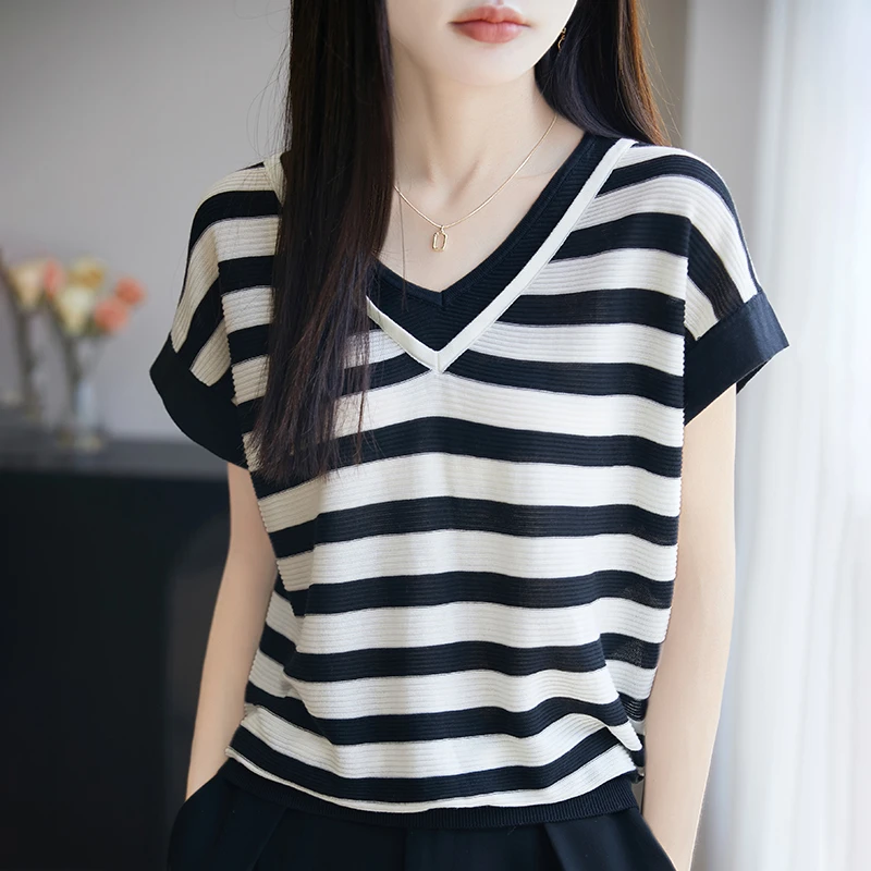 正品哥弟新款短袖t恤洋气衣服女装夏季V领假两件宽松桑蚕丝体恤衫