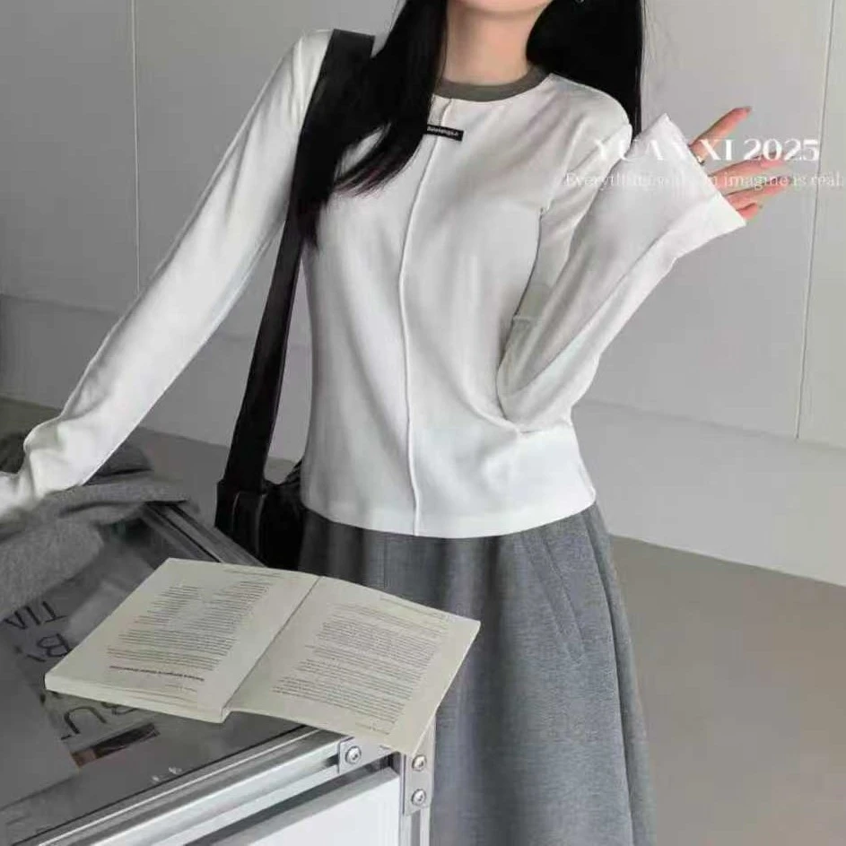 【婷姐家】31323欧货领口撞色拼接潮酷设计百搭时尚T恤