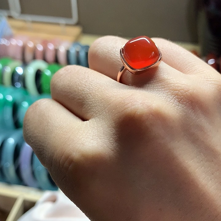 玛瑙/玉髓未镶嵌戒指冰红料方糖女戒