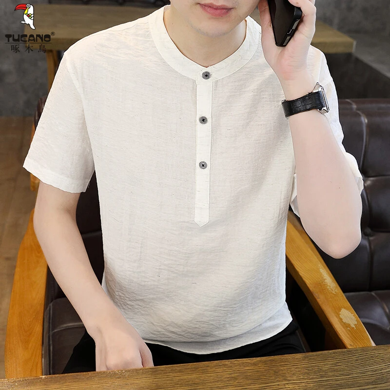 啄木鸟新中式国风冰丝短袖T恤男夏季立领纯色半袖上衣国潮凉感T恤