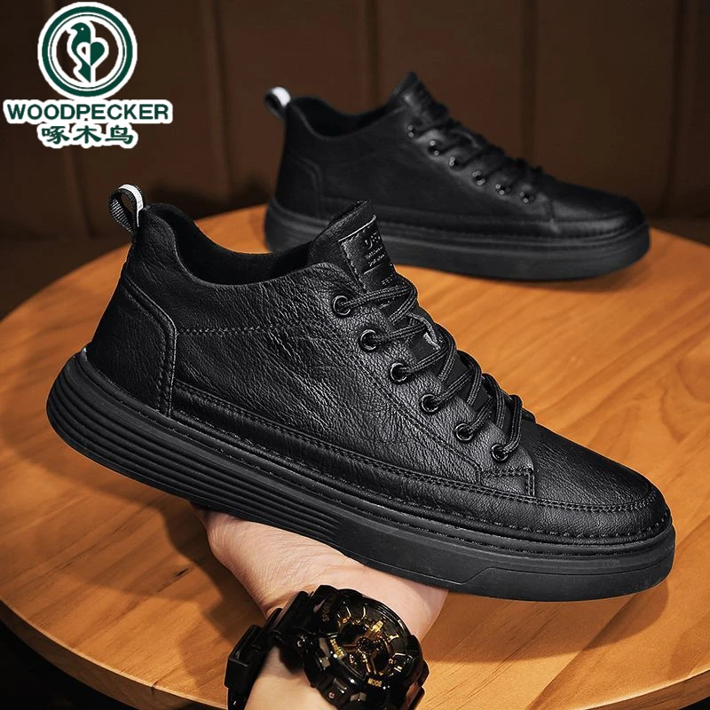 【正品】啄木鸟春季男鞋英伦休闲男士皮鞋男2025新款春秋黑色男款
