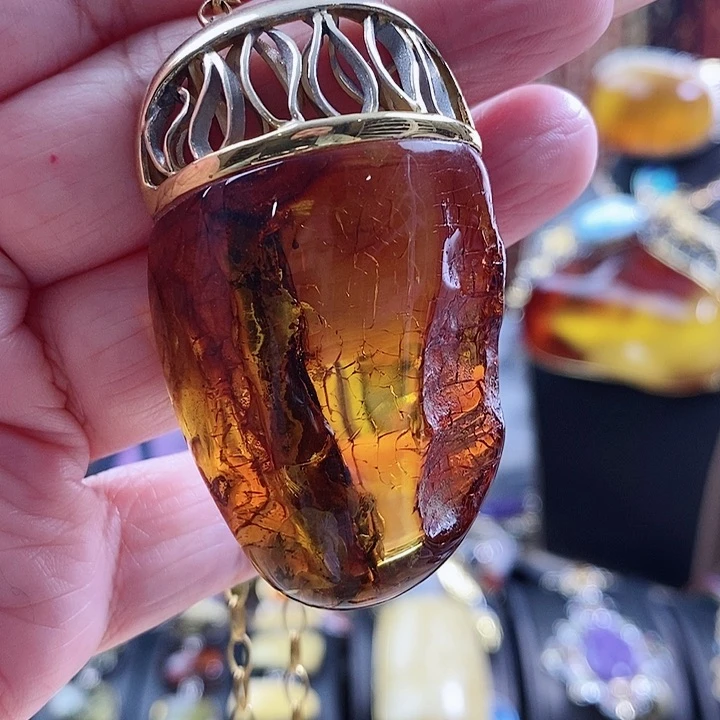 琥珀颈饰银S925镶嵌吊坠