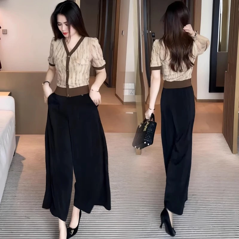 时尚套装女夏季新款气质V领短袖T恤上衣高腰阔腿裤洋气穿搭两件套