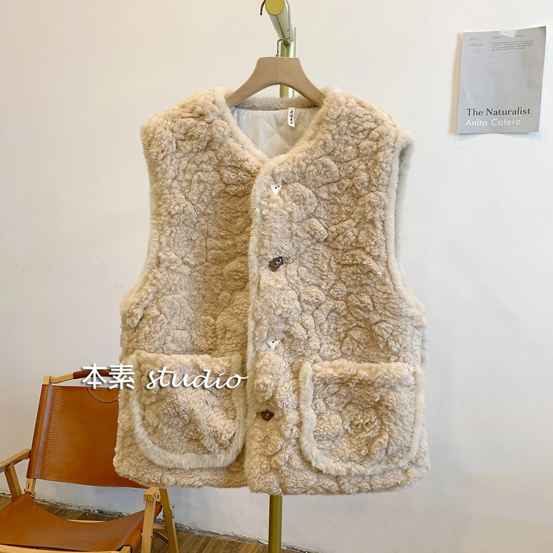 奶茶C3134夹棉拼色圆领毛绒马甲