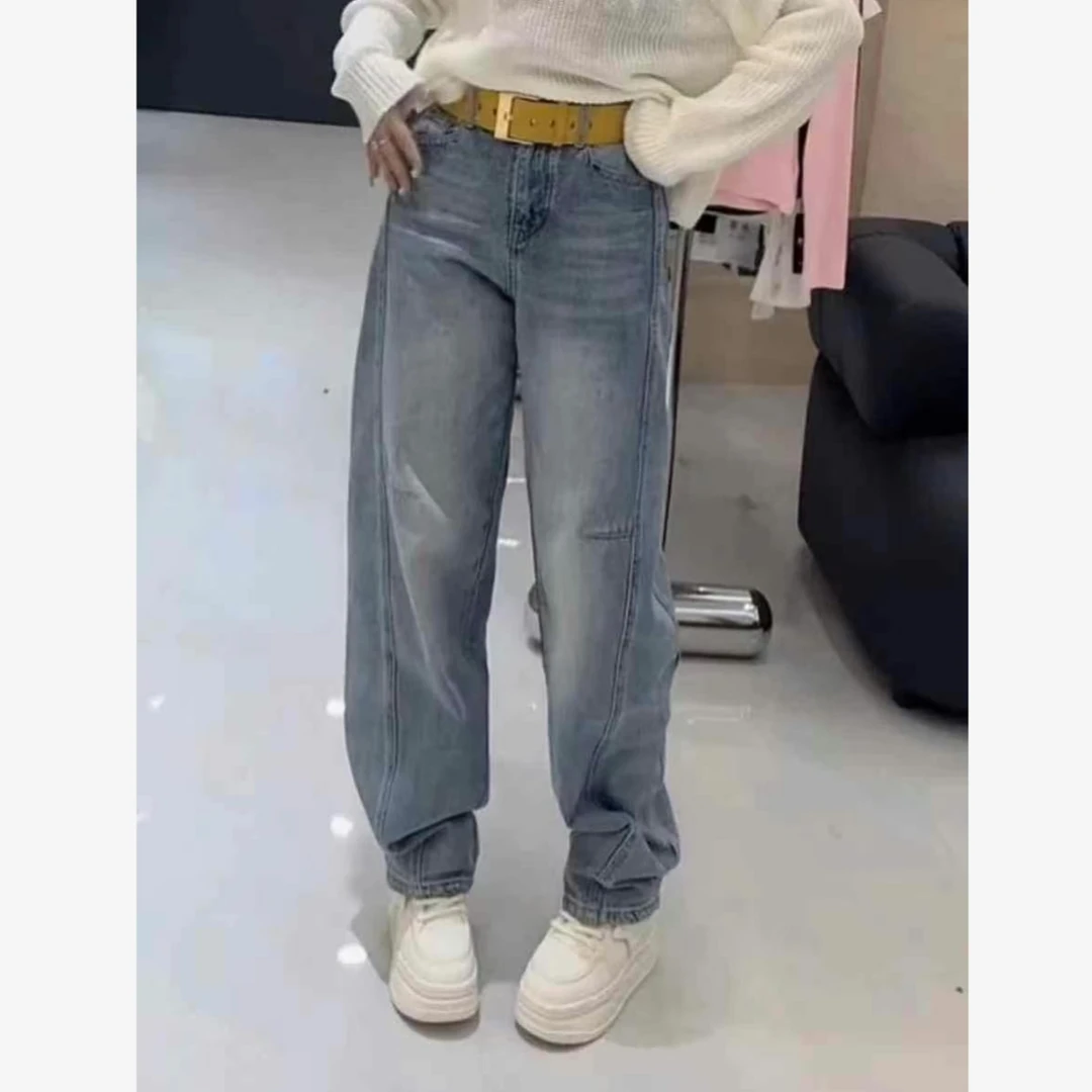 春装上新~韩版高腰显瘦宽松阔腿直筒弯刀牛仔裤