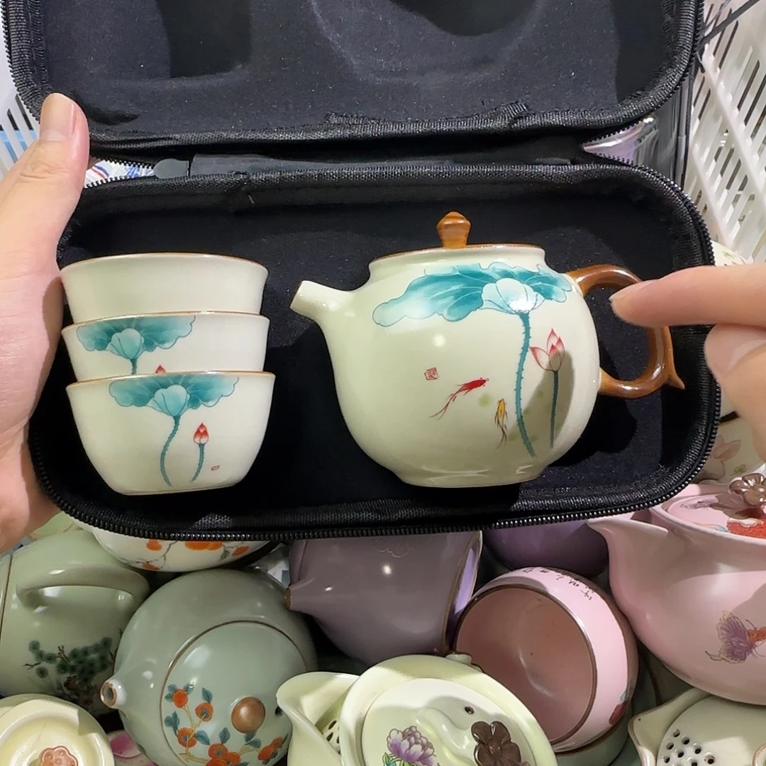 瓷片汝窑荷花一壶三杯旅行套装