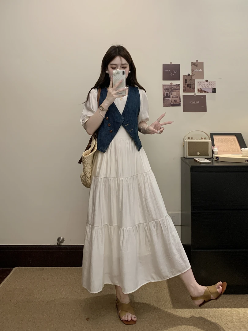胖MM夏季新款法式时尚气质休闲牛仔马甲高腰显瘦连衣裙两件套女