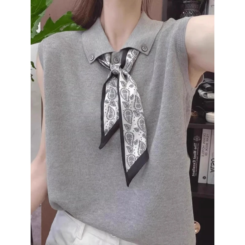 25夏季新款韩系时尚翻领丝巾百搭法式小众设计感上衣
