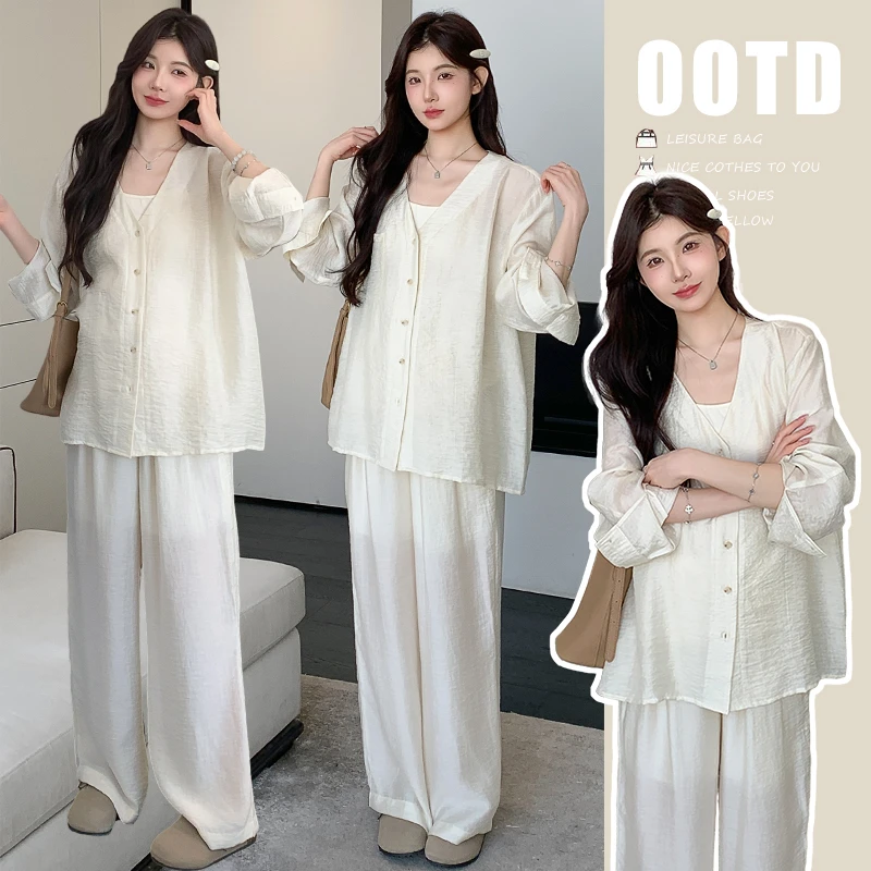 孕妇装秋款2025韩系简约通勤高级感气质衬衫百搭阔腿裤孕妇三件套