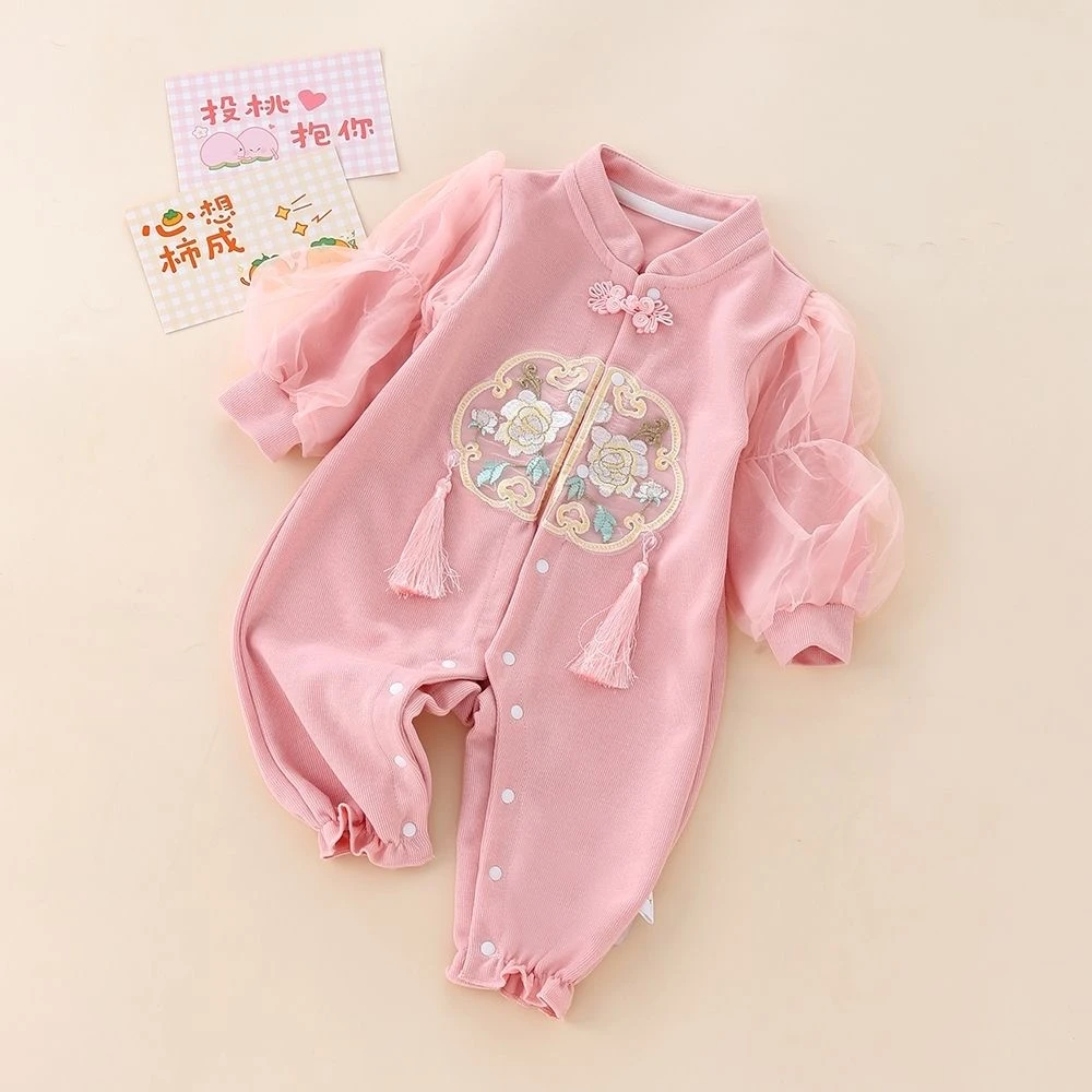 婴儿连体衣中式春秋宝宝夏装国风哈衣新生儿衣服满月百天周岁礼服