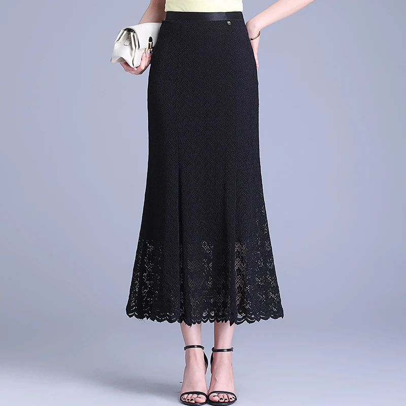 黑色蕾丝长裙子鱼尾裙2025春秋新款遮胯显瘦垂感半身裙弹力包臀裙