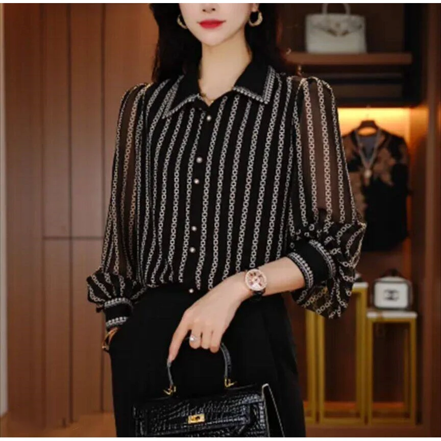 时尚条纹翻领小衫2025秋季新款气质百搭减龄显瘦长袖衬衫女上衣