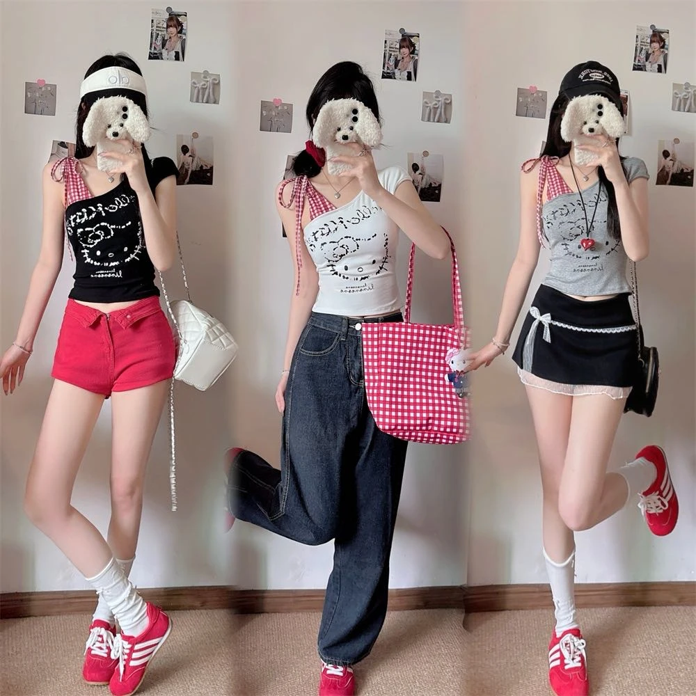 甜辣妹kitty红格子单肩绑带短袖露肩带胸垫设计女显瘦斜肩女上衣