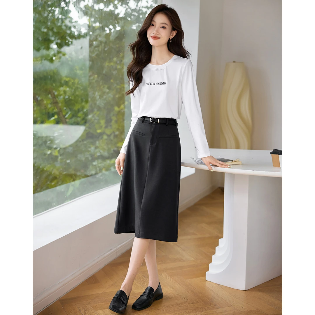 沫晗依美基础T恤开叉半裙女套装2025春季新款休闲百搭长袖女套装