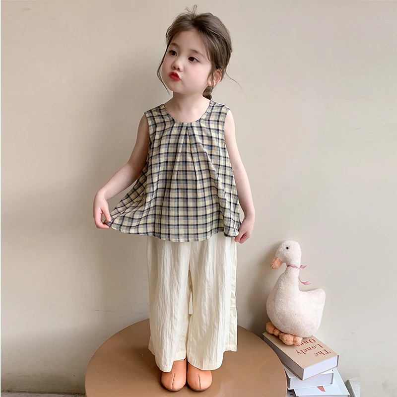女童背心套装夏韩版2025新款儿童装洋气时髦女孩无袖格子衫阔腿裤