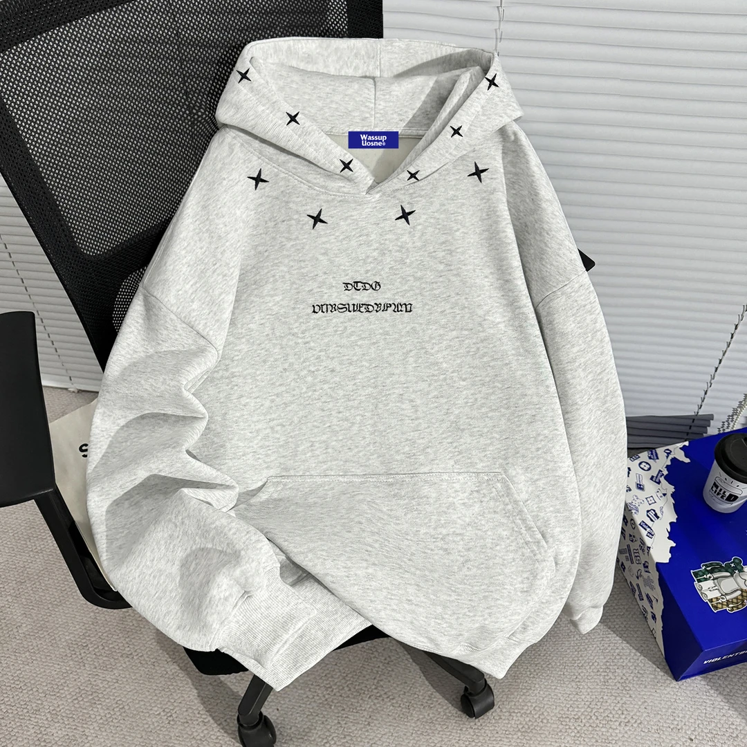 美式加绒加厚刺绣字母初中生连帽卫衣男款2025新款宽松情侣上衣