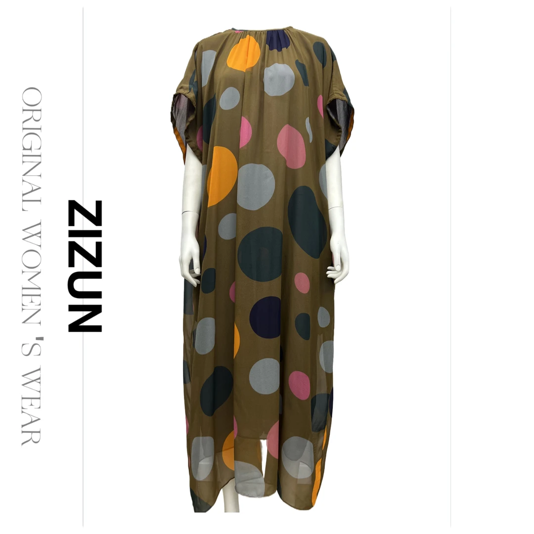 ZIZUN/姿の尊夏季桑蚕丝乔琪波点袖口抽带宽松显瘦连衣裙