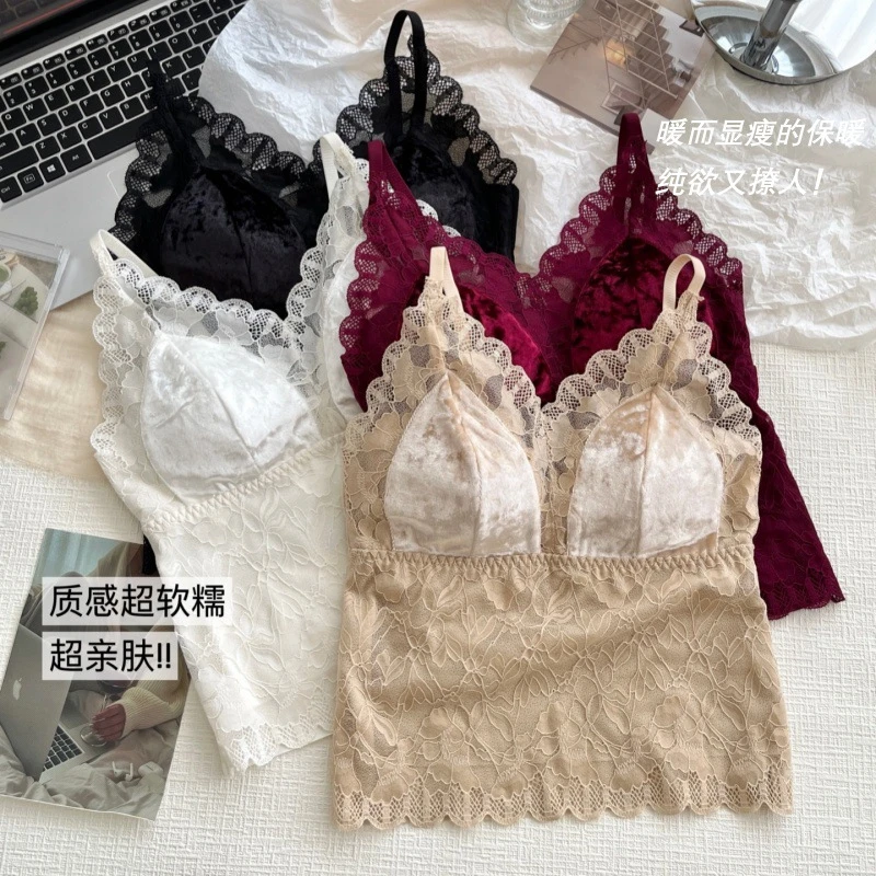 法式性感蕾丝金丝绒吊带内搭带胸垫美背一体式聚拢可外穿遮副乳37