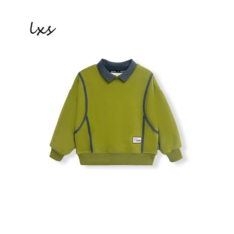 鹿小生童装假两件冬季加绒翻领POLO韩版休闲拼接长袖套头卫衣Q528