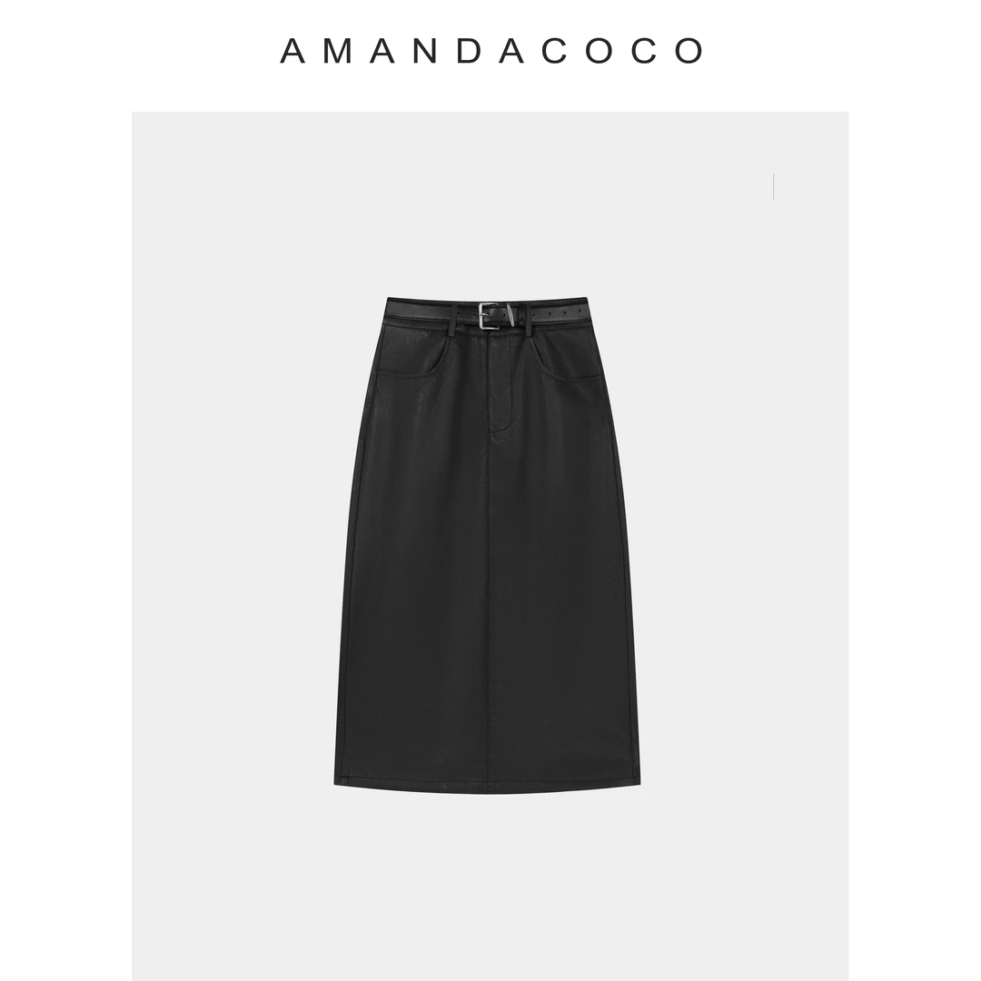 AMANDACOCO茜茜丨复古定格～时髦腔调感简约纯色修身显瘦皮裙