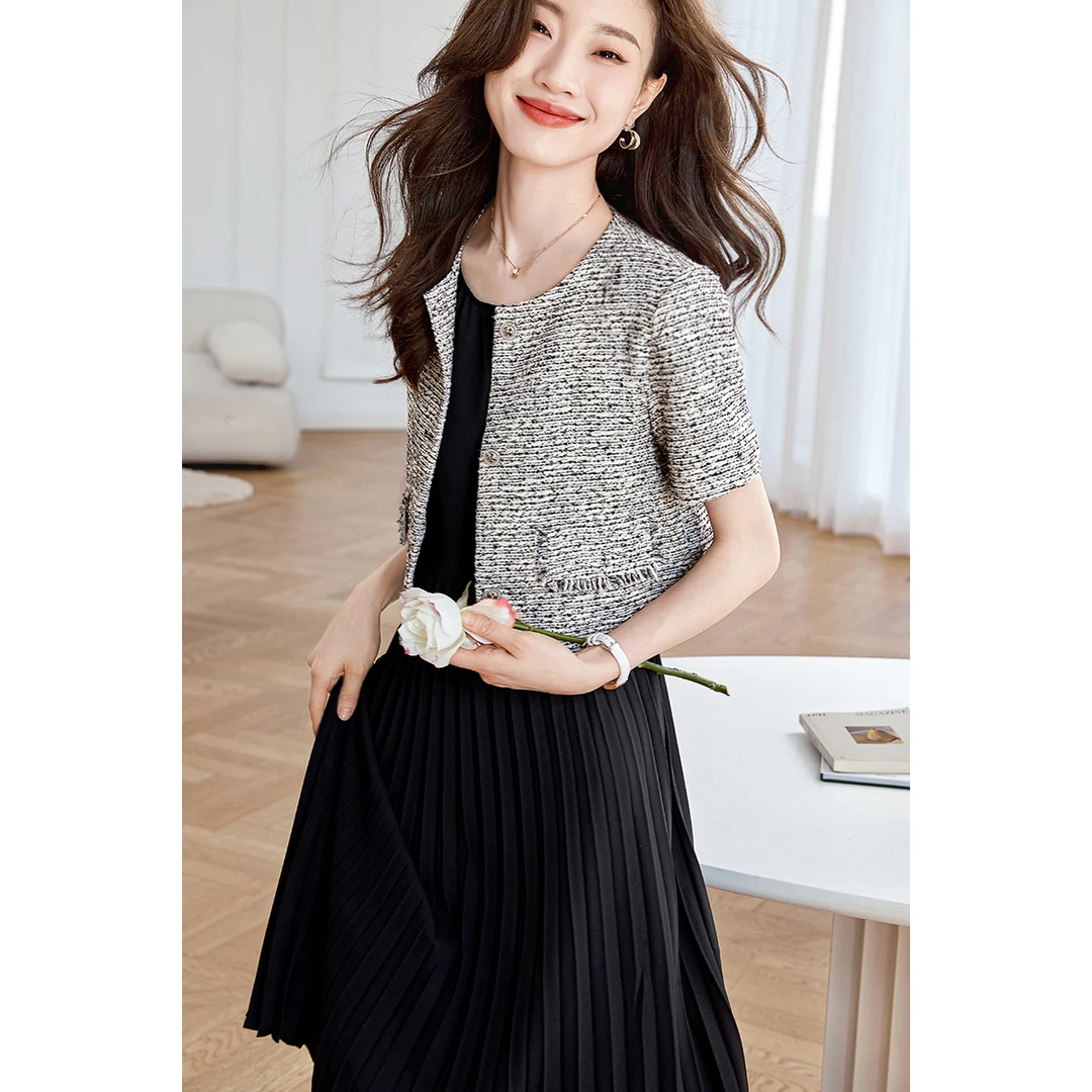 2025夏新款时尚百搭质感小香风法式外套连衣裙套装女4249