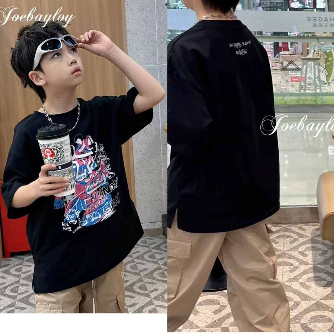 乔贝乐男童夏季款短袖69090儿童涂鸦字母黑色短袖男女童上衣T恤潮