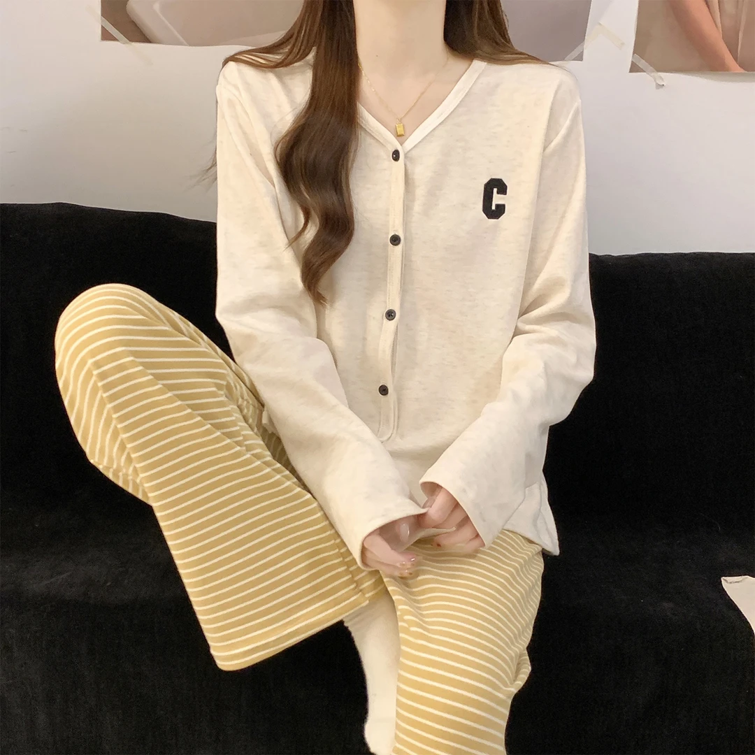 德绒睡衣女款春秋冬季宽松百搭高级感条纹薄绒开衫加厚套装家居服