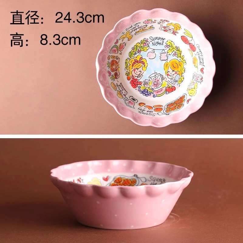 24cm粉色波浪边釉下彩陶瓷大汤碗