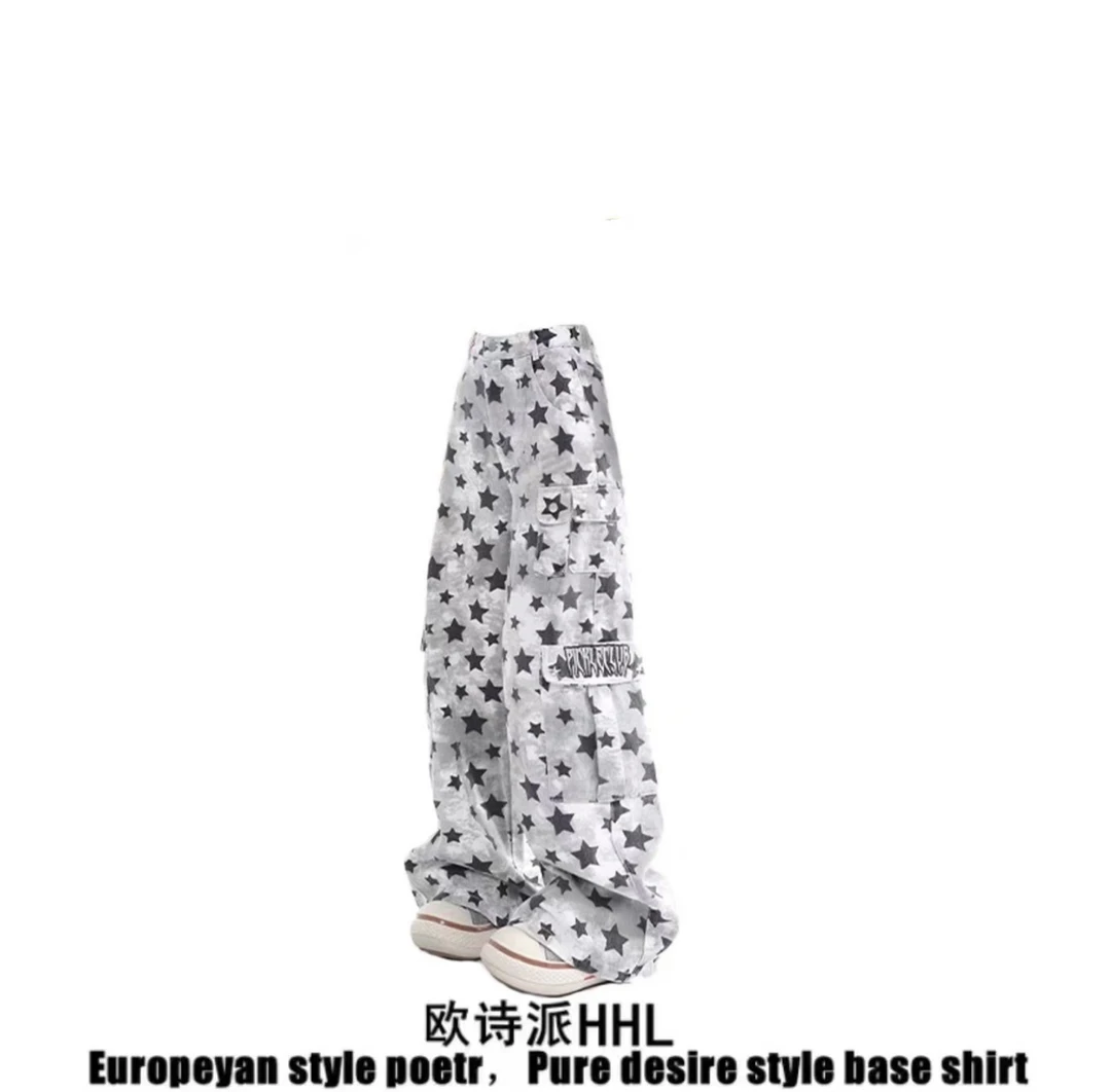 美式复古星星满印迷彩牛仔裤女2025新款宽松多口袋工装阔腿长裤子