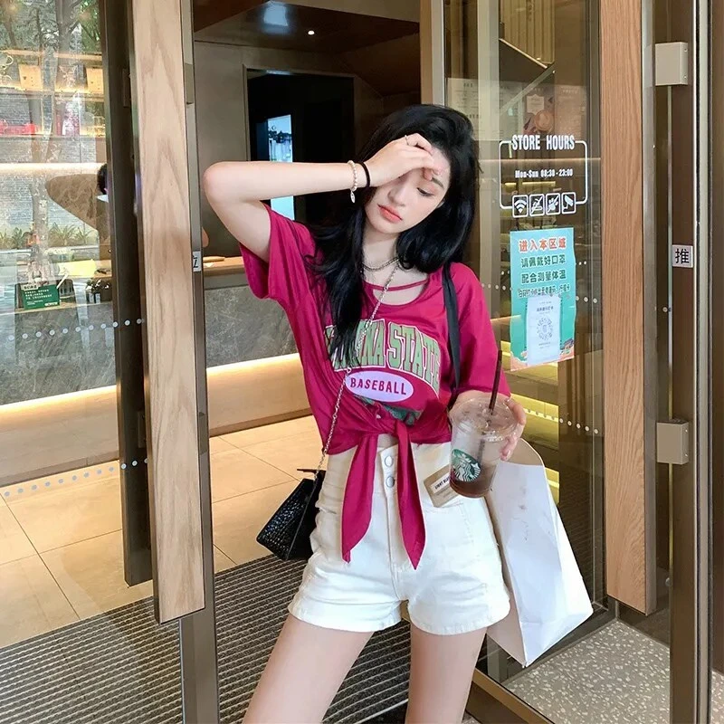 美式复古正肩短袖T恤女夏2025新款宽松半袖绑带收腰显瘦短款上衣