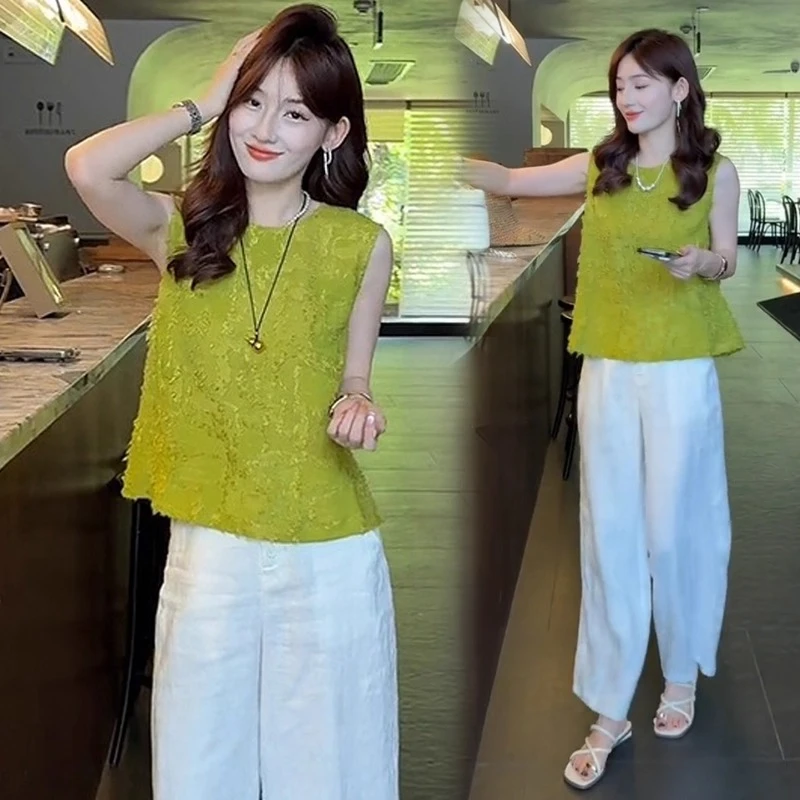 拉夏贝尔时尚套装女2025夏季洋气新中式显瘦上衣阔腿裤休闲两件套