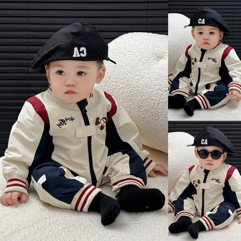 婴儿连体衣春秋季外出服双层冲锋衣韩版新生儿时尚哈衣宝宝爬爬服