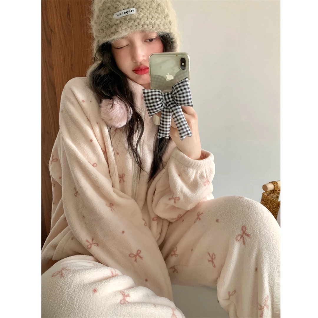 珊瑚绒睡衣女款秋冬季甜美粉色蝴蝶结立领拉链外套加厚家居服套装