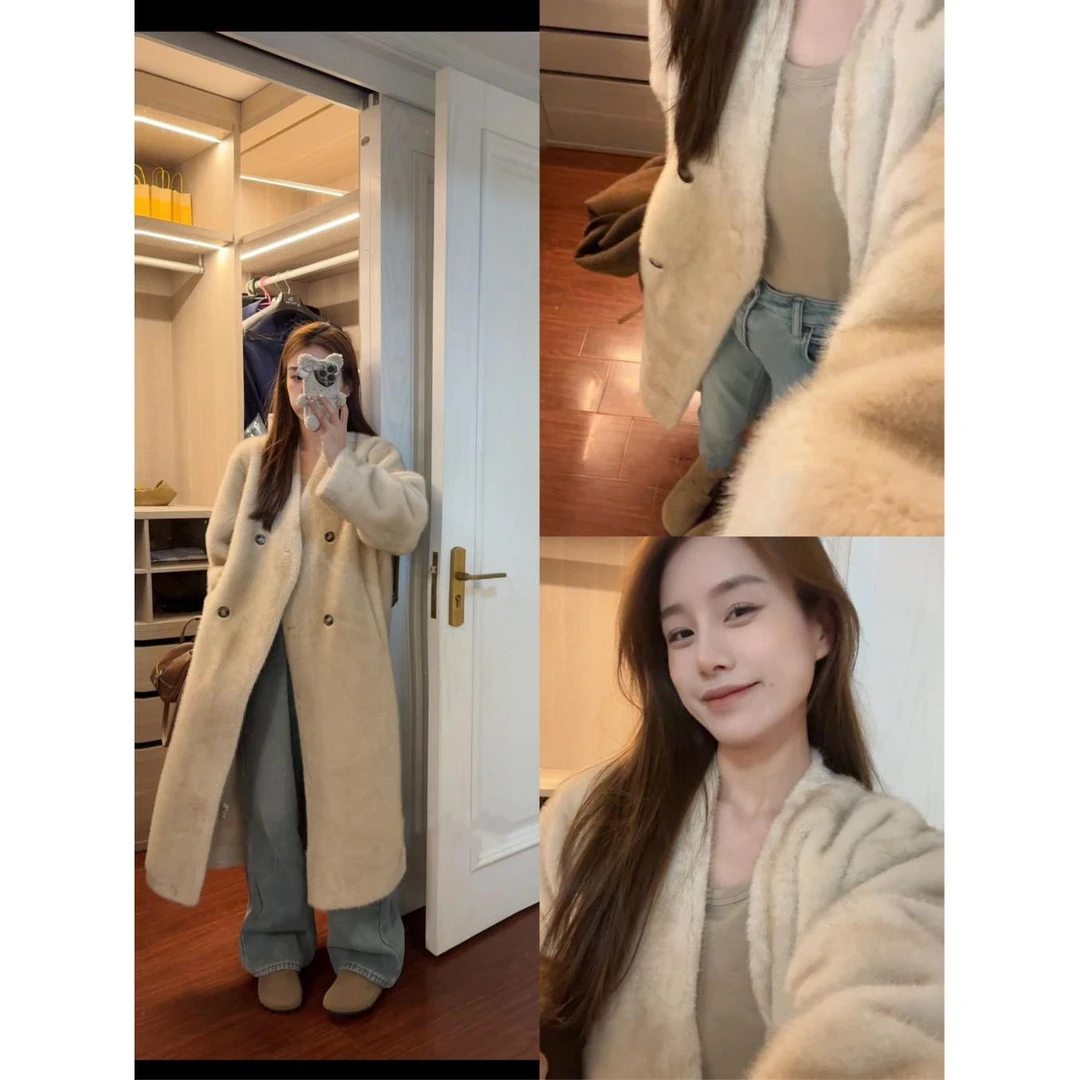 人造皮草  慵懒风仿貂毛绒外套女过膝长款宽松显适合年抽刀环保