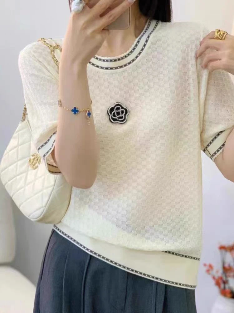 手工山茶花丨100%莱赛尔超重磅立体手缝设计师款针织衫短袖女5332