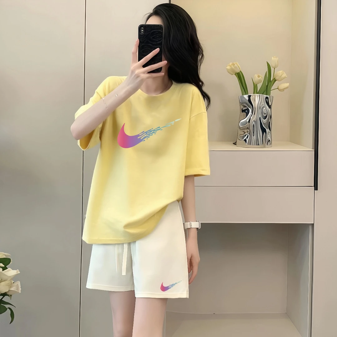 奥特莱斯官方正品夏季套装情侣运动短裤两件ins短袖t恤女遮肚挡肉