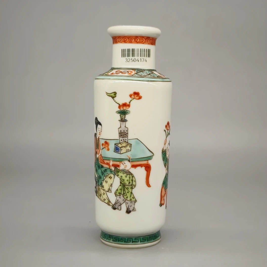 32504174*民国五彩教子图小棒槌瓶/瓷器三/江苏省文物总店