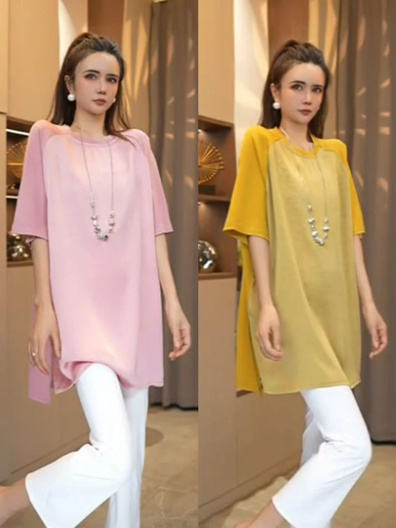 25612#【鑫良】时尚百搭洋气欧版拼醋酸冰感T恤