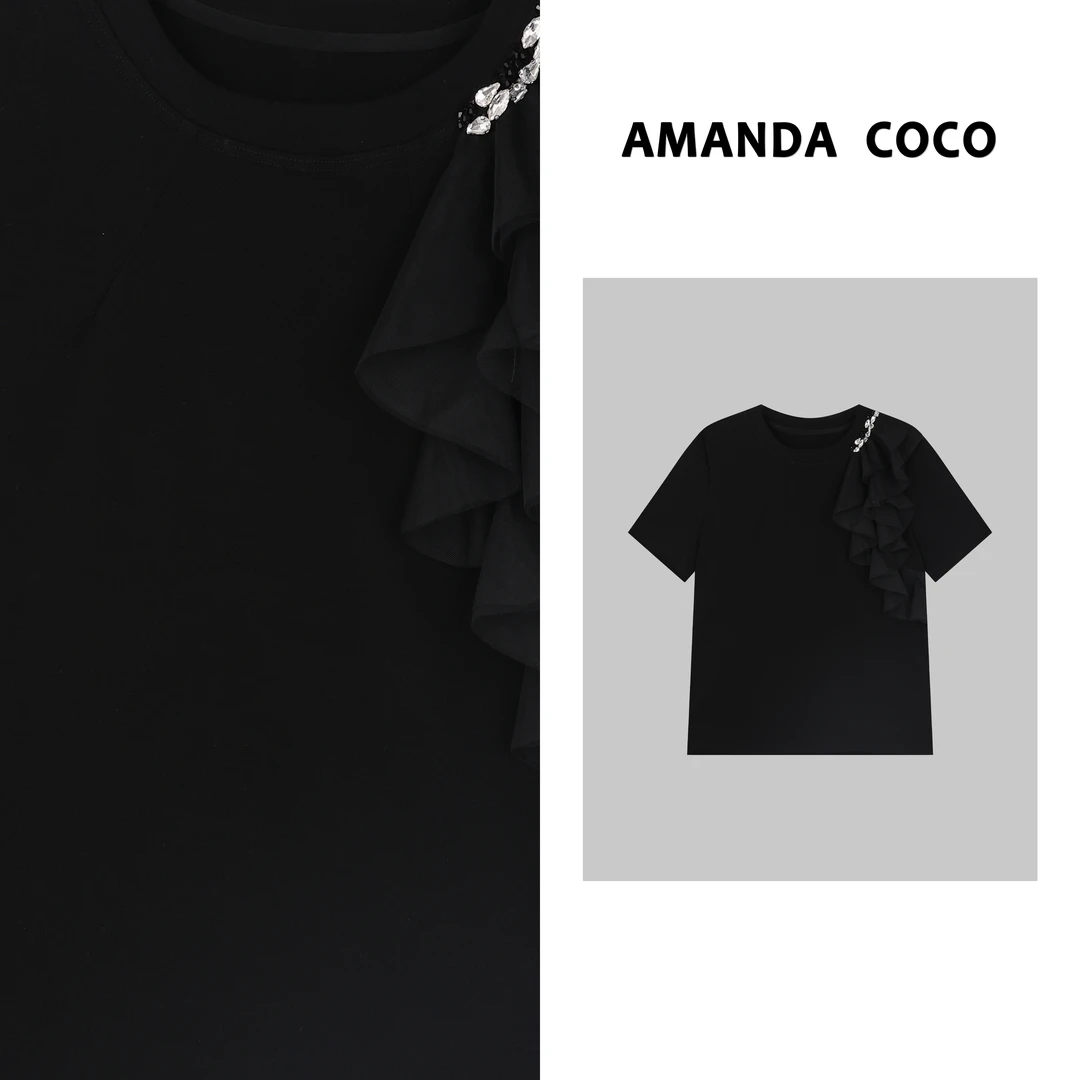 AMANDACOCO茜茜丨小众设计～高定串钻不规则荷叶边拼接气质短袖T恤