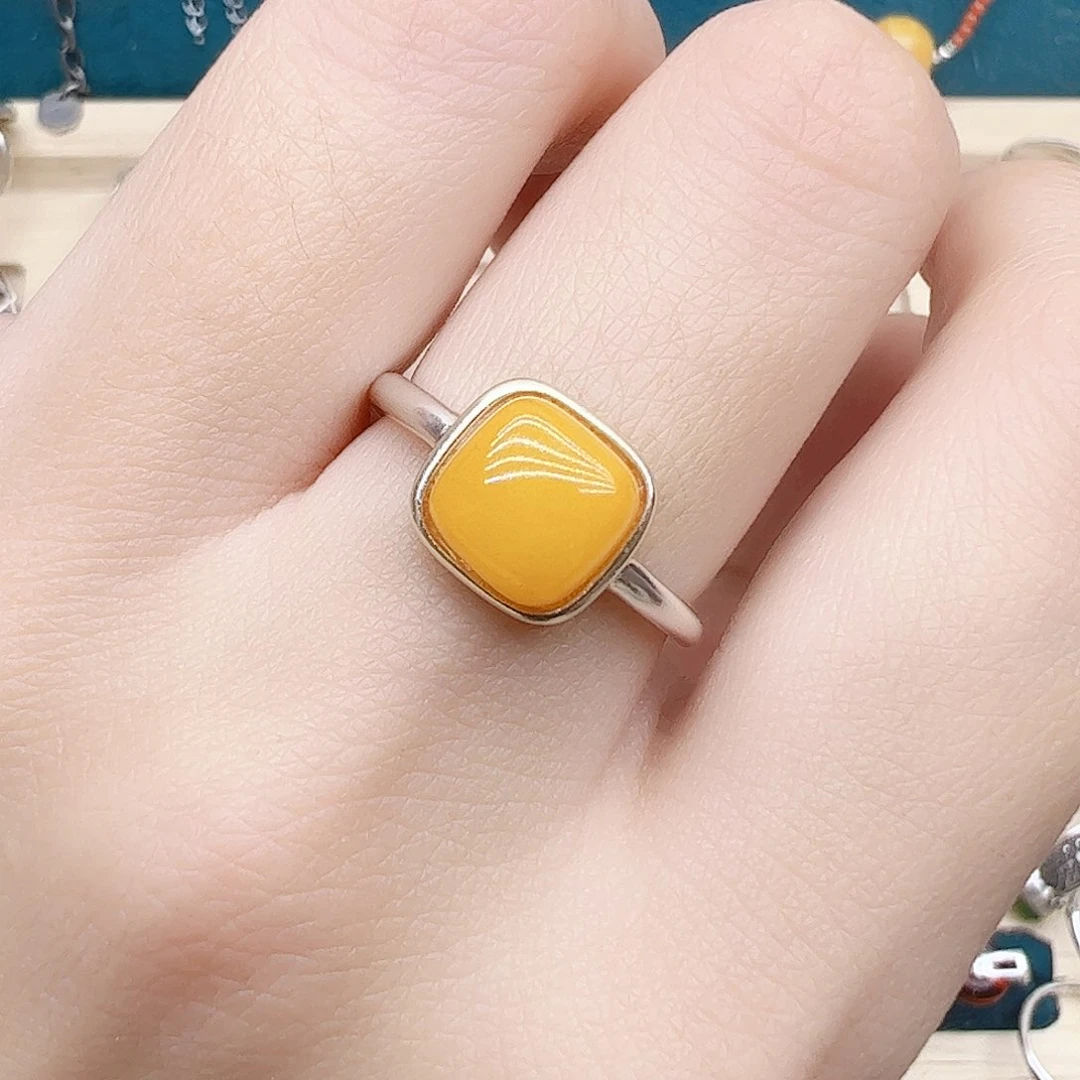 蜜蜡戒指银S925镶嵌天然