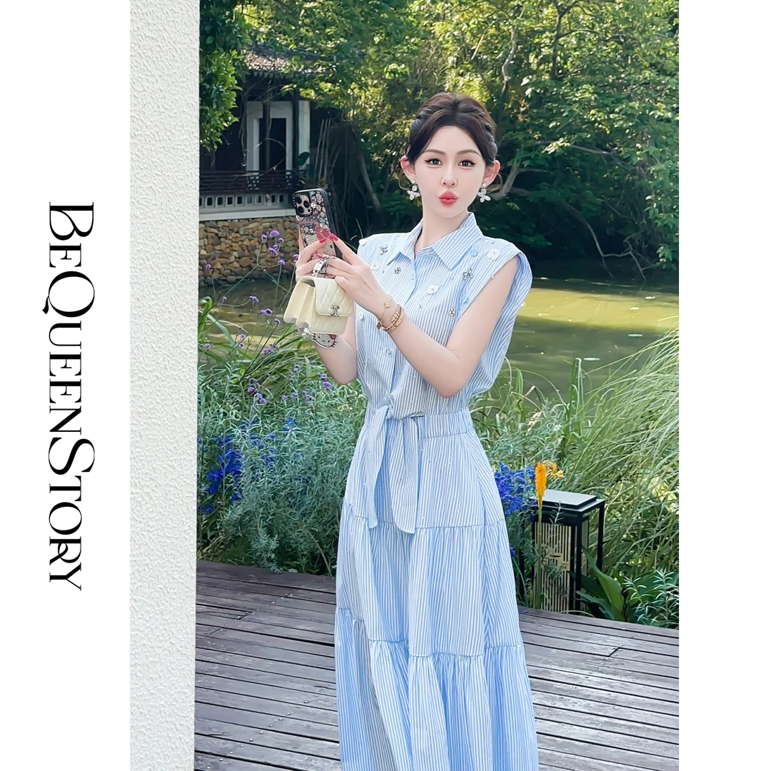 BeQueenStory【天空之境】时尚手工钩花细条纹烫钻翻领无袖连衣裙女