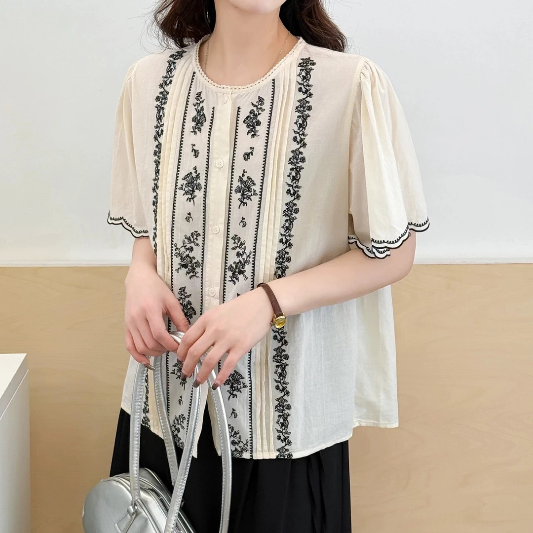 美亚新款绵绵【青花瓷】夏季短袖刺绣薄款衬衫百搭复古小衫设计感