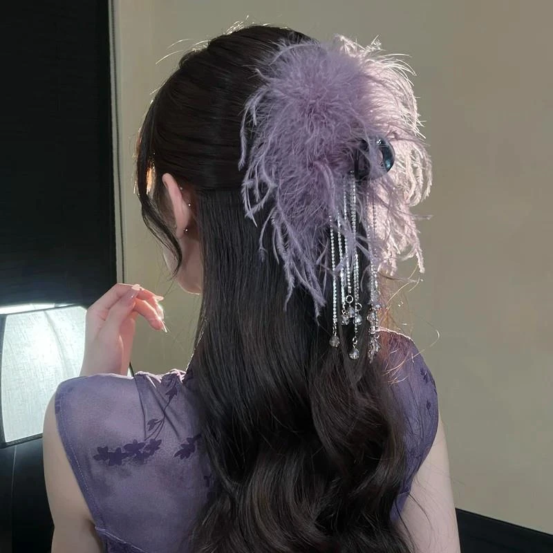 气质蓬松仙气羽毛鲨鱼夹流苏精致氛围感高级纯欲抓夹发夹子头饰