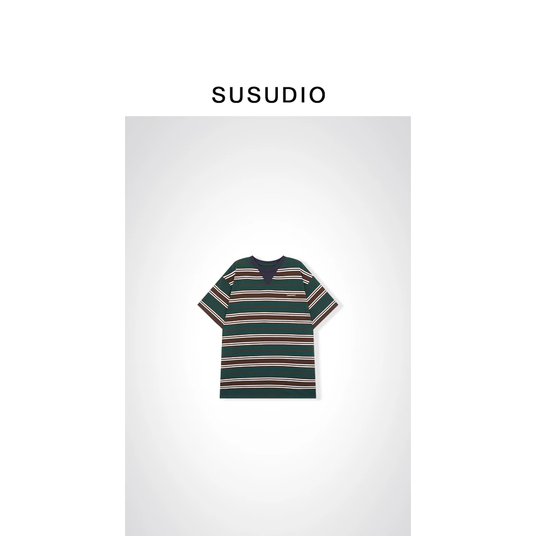 SUSUDIO设计款显瘦复古条纹圆领短袖T恤10090