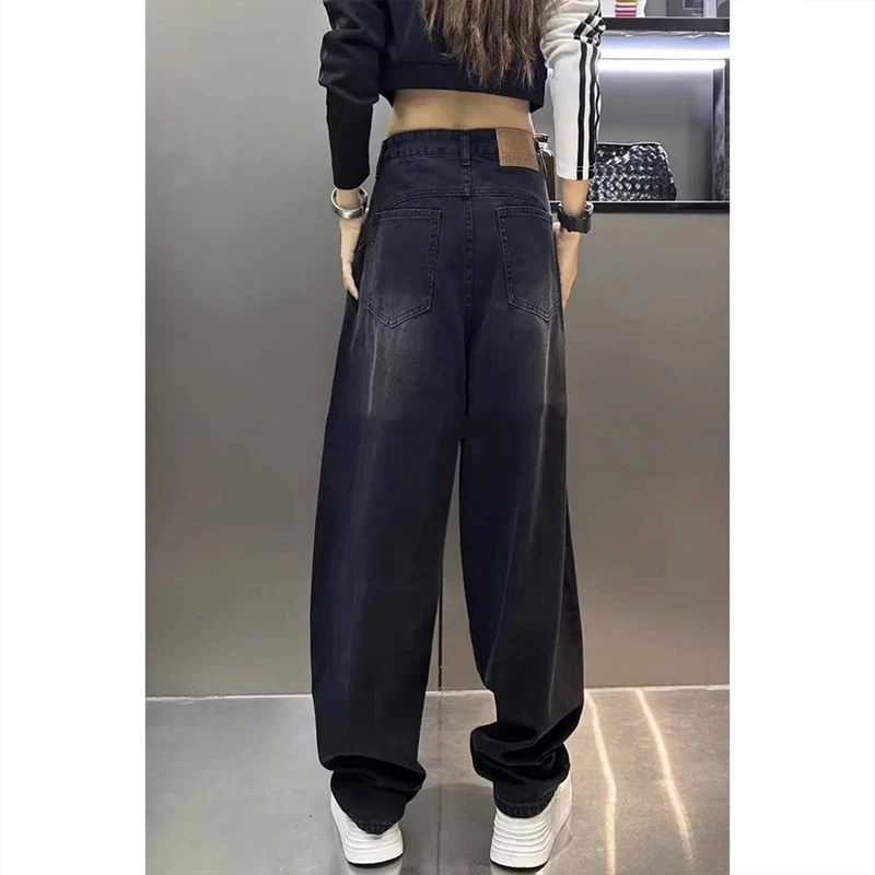 阔腿弯刀牛仔裤女秋新款大码高腰显瘦直筒拖地长裤宽松香蕉裤