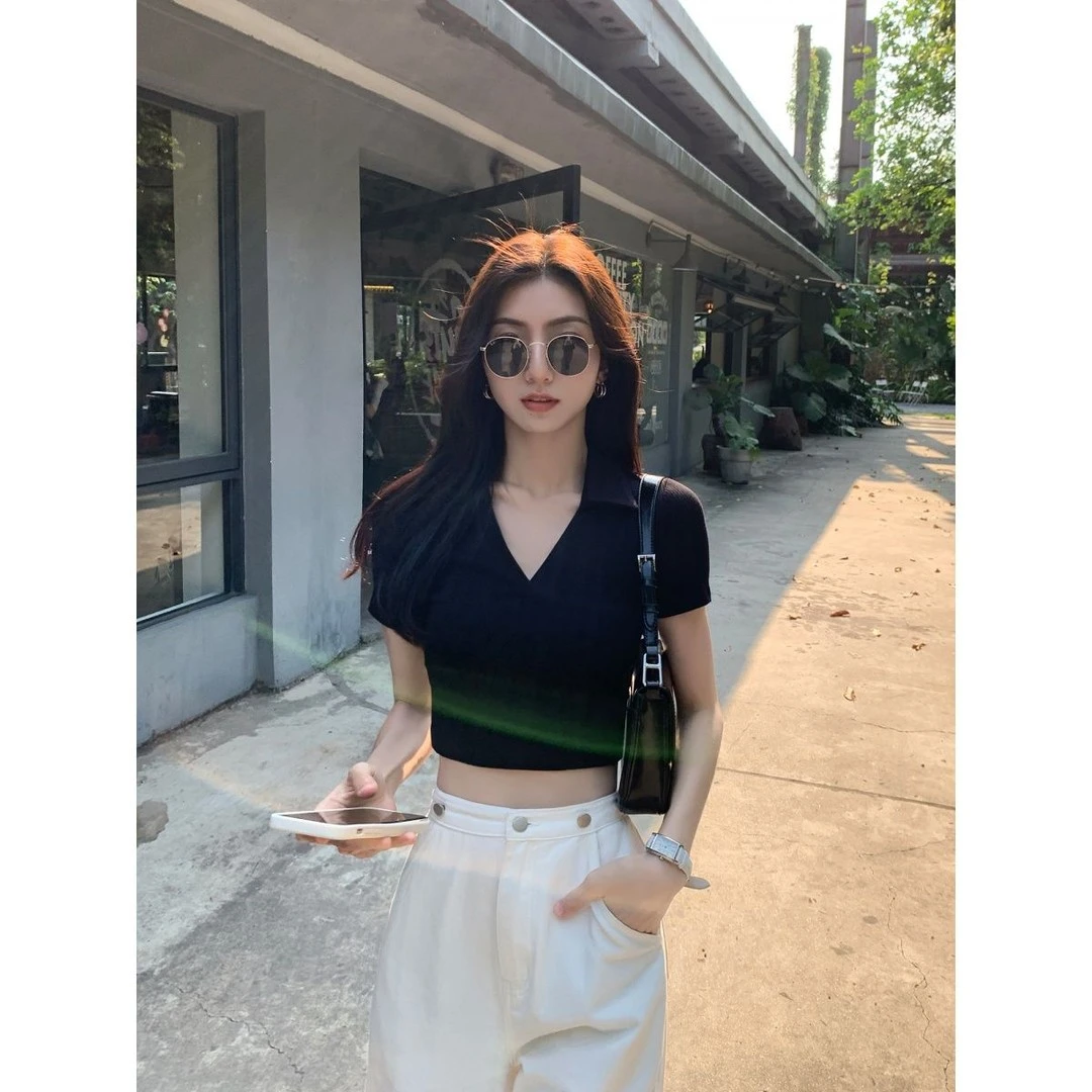 洋气辣妹短款夏季POLO领短袖t恤衫2025新款精致正肩显瘦时尚上衣