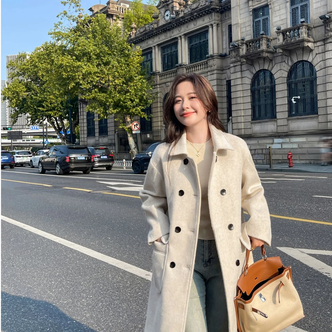 新款绵羊毛大衣简约纯色宽松秋冬过膝气质长款9805