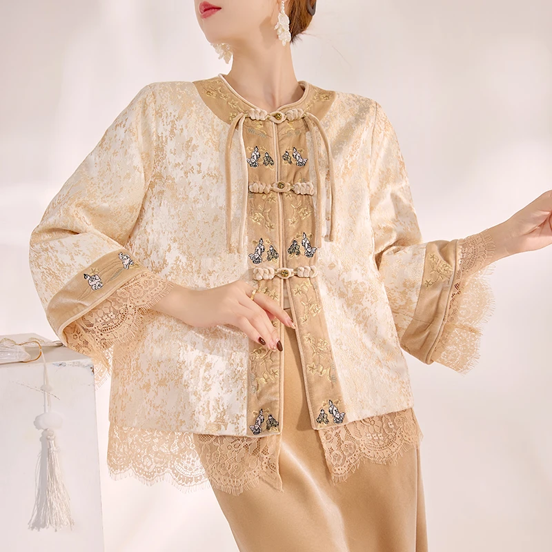 【奶油华夫饼】新款国风高级感轻奢蕾丝袖设计新中式上衣女  MX103A