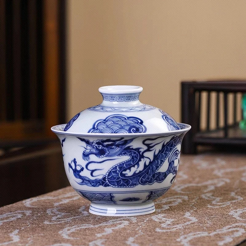 景德镇手工制作釉下彩青花瓷陶瓷茶具二才元宝盖碗（盖下150毫升）
