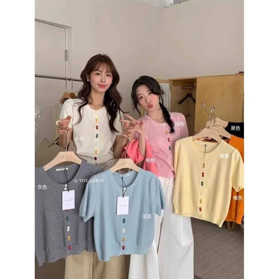 6686#小个子黑色泡泡袖针织冰丝短款上衣女夏好看圆领正肩短袖t恤